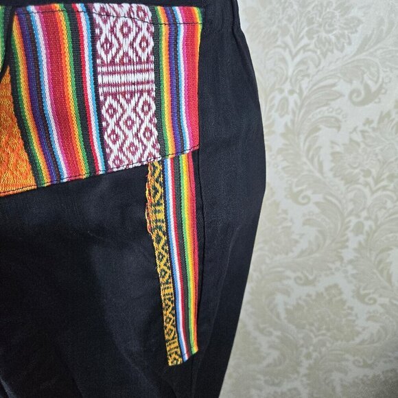 Indian Cotton Pants Black Colorful Stripes Elastic Waist Adj Ankle Ties Pockets - Picture 7 of 12